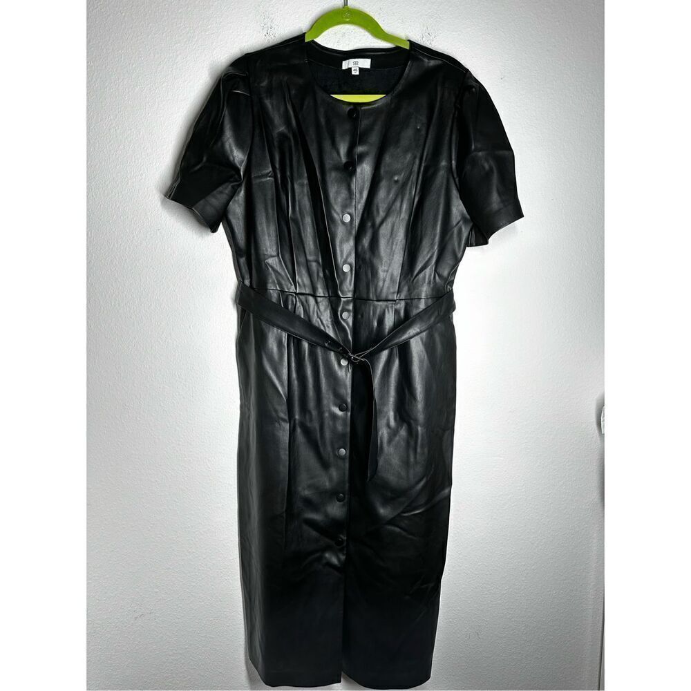 La Redoute Women’s Faux Leather Shirt Dress Black Snaps Belt Pockets Sz 16/46 FR